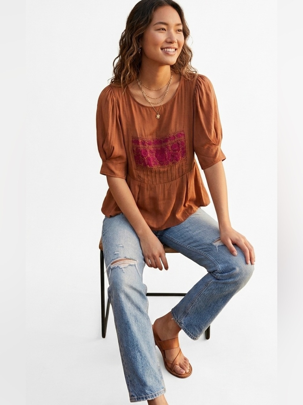 Free People Boho Embroidered Floral Tiered Puff Sleeves Top Shirt Princess Flowy
